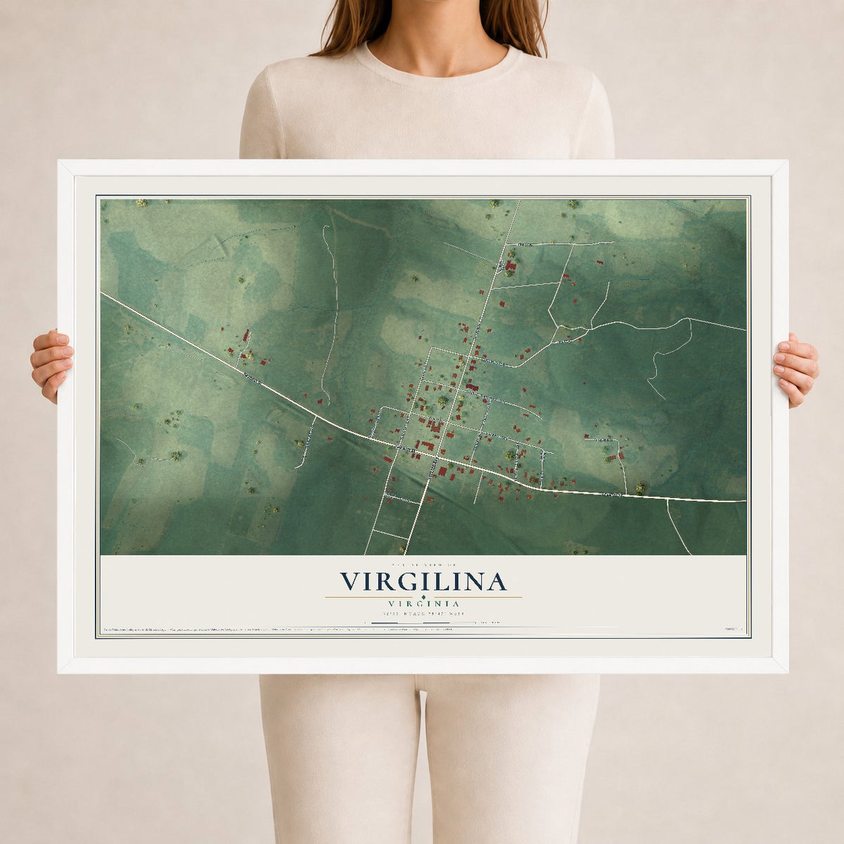 Map of Virgilina, Virginia, 24 x 36 inch print in a white wood frame
