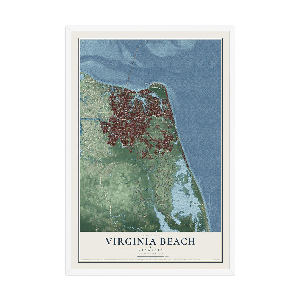 Map of Virginia Beach, Virginia, 12 x 18 inch print in a white wood frame