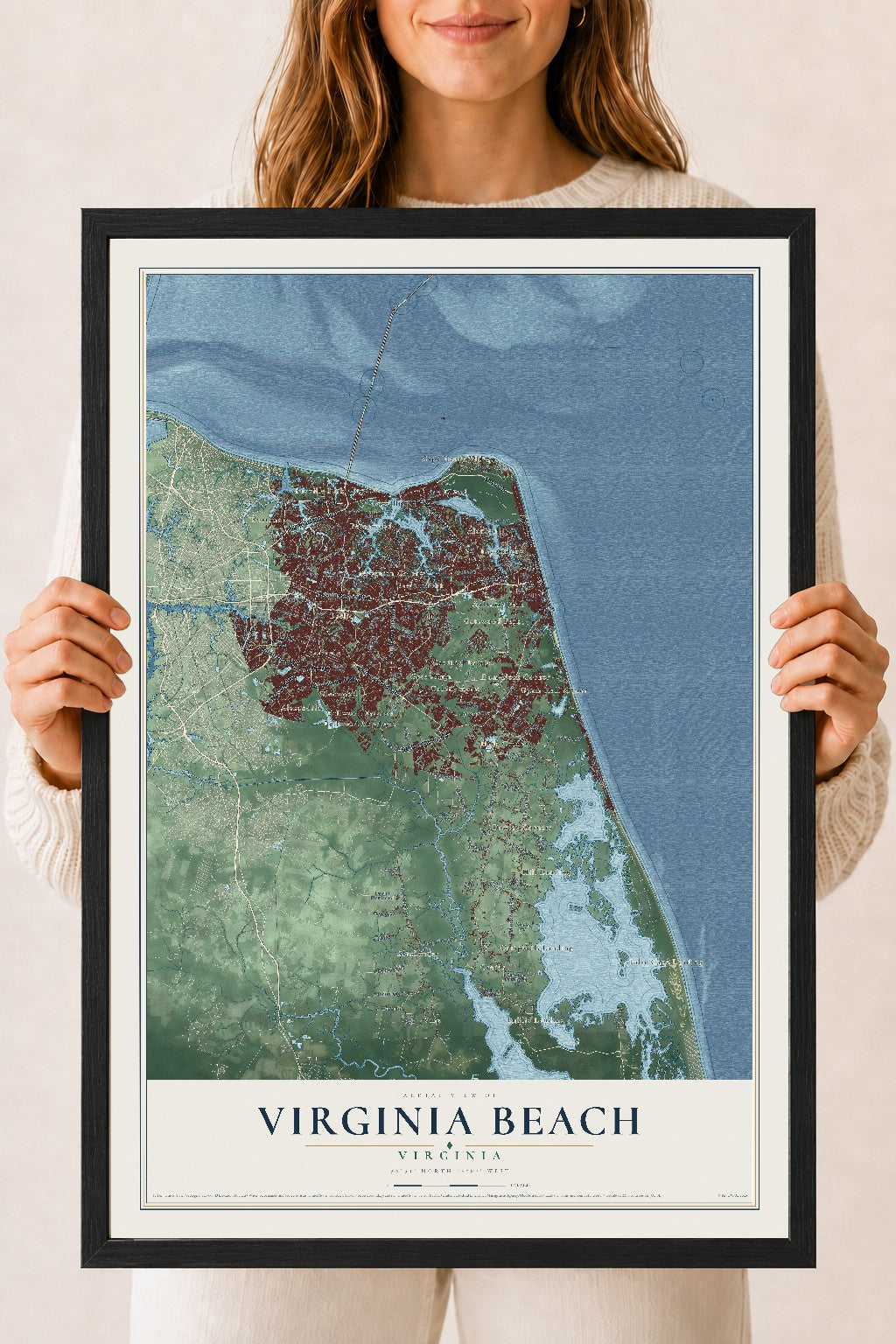 Map of Virginia Beach, Virginia, 18 x 24 inch print in a black wood frame