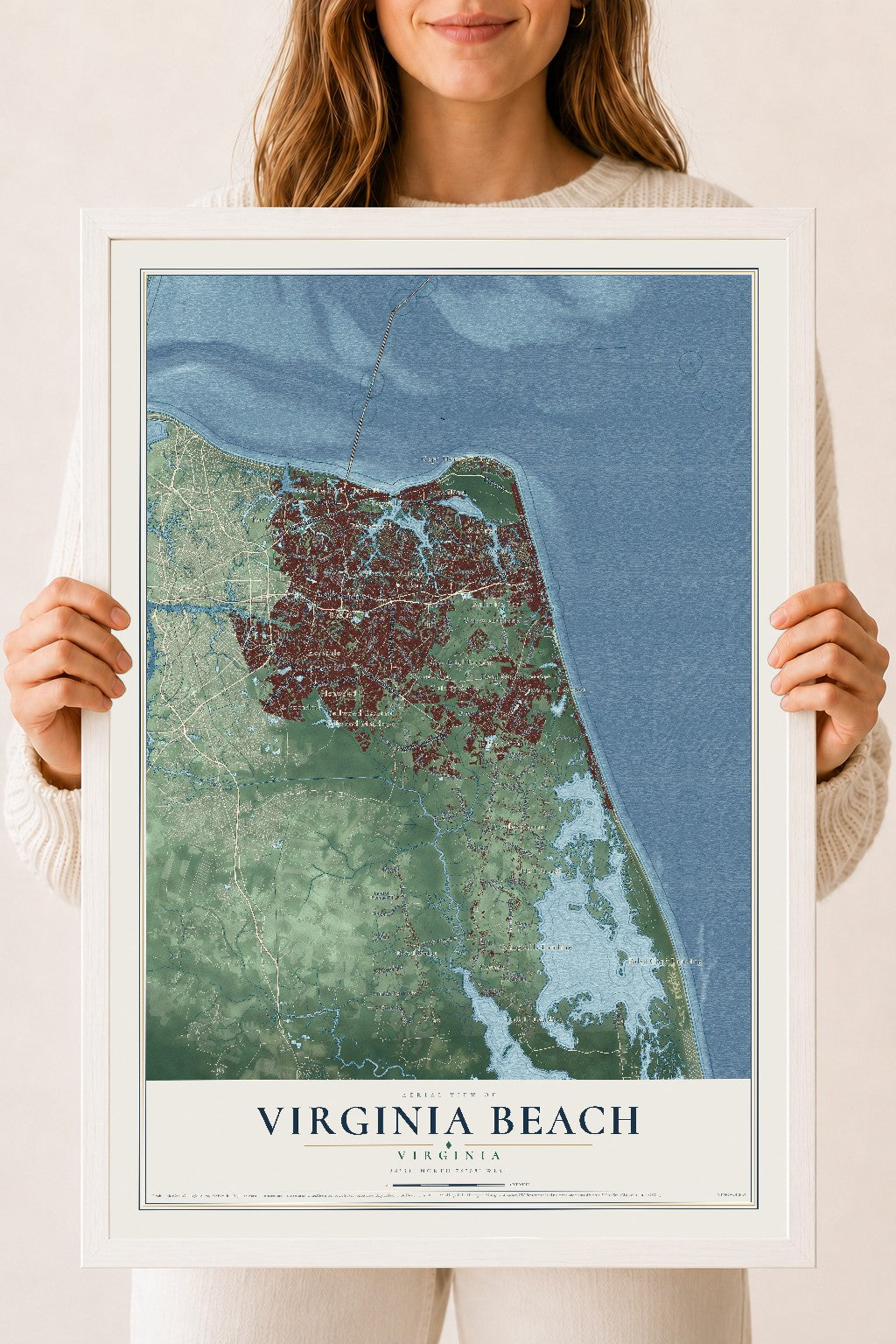 Map of Virginia Beach, Virginia, 18 x 24 inch print in a white wood frame
