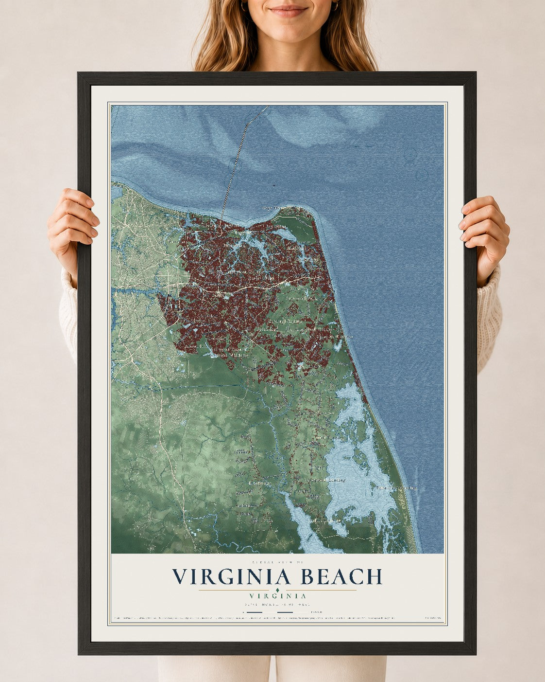 Map of Virginia Beach, Virginia, 24 x 36 inch print in a black wood frame