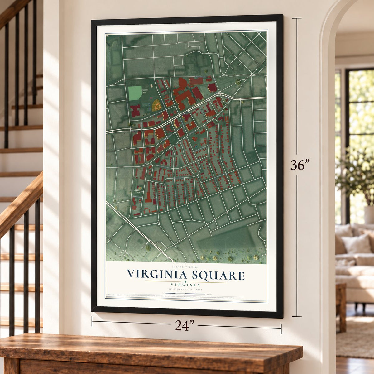 Virginia Square, Virginia map, 24 x 36 inch print in a black frame by a staircase