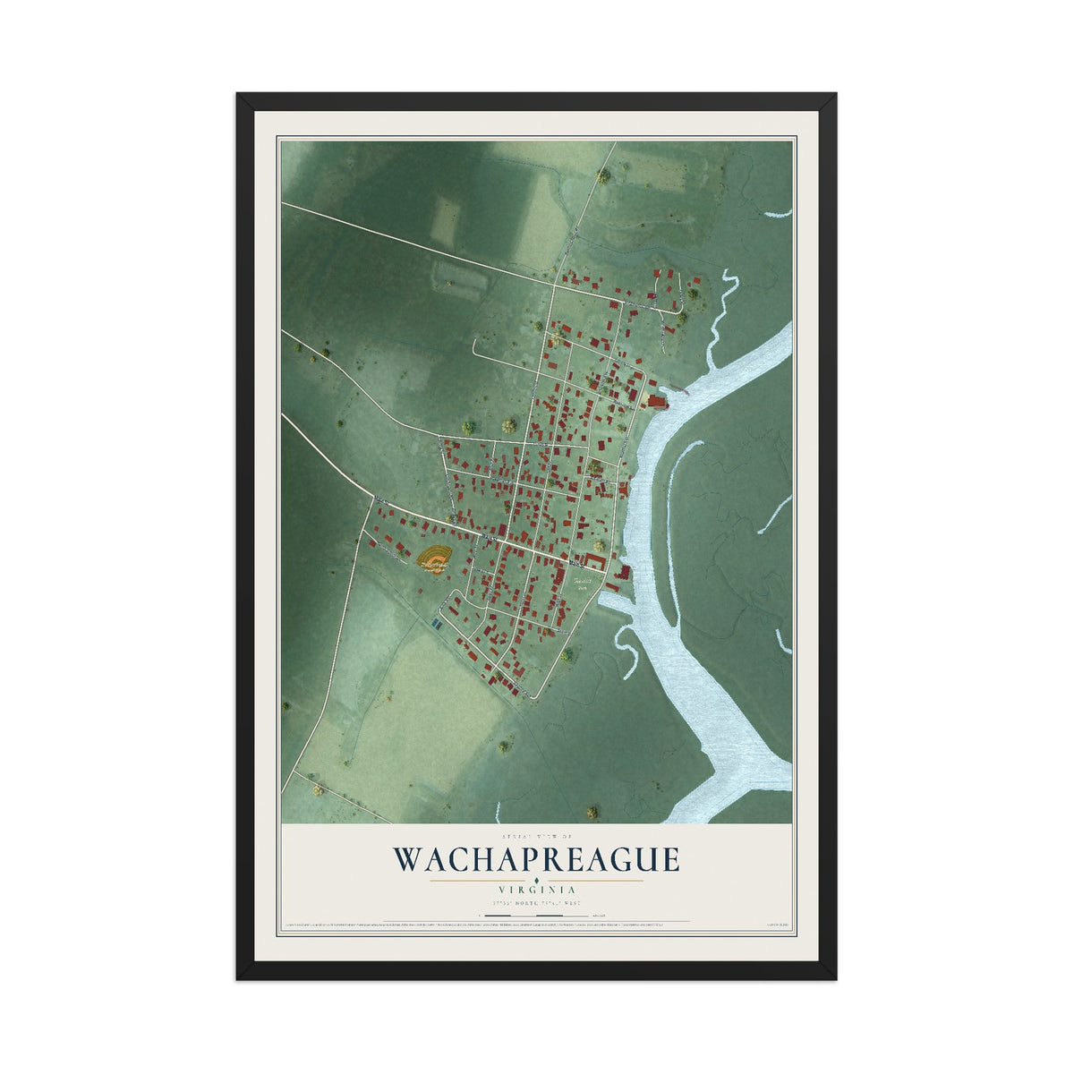 Map of Wachapreague, Virginia, 12 x 18 inch print in a black wood frame