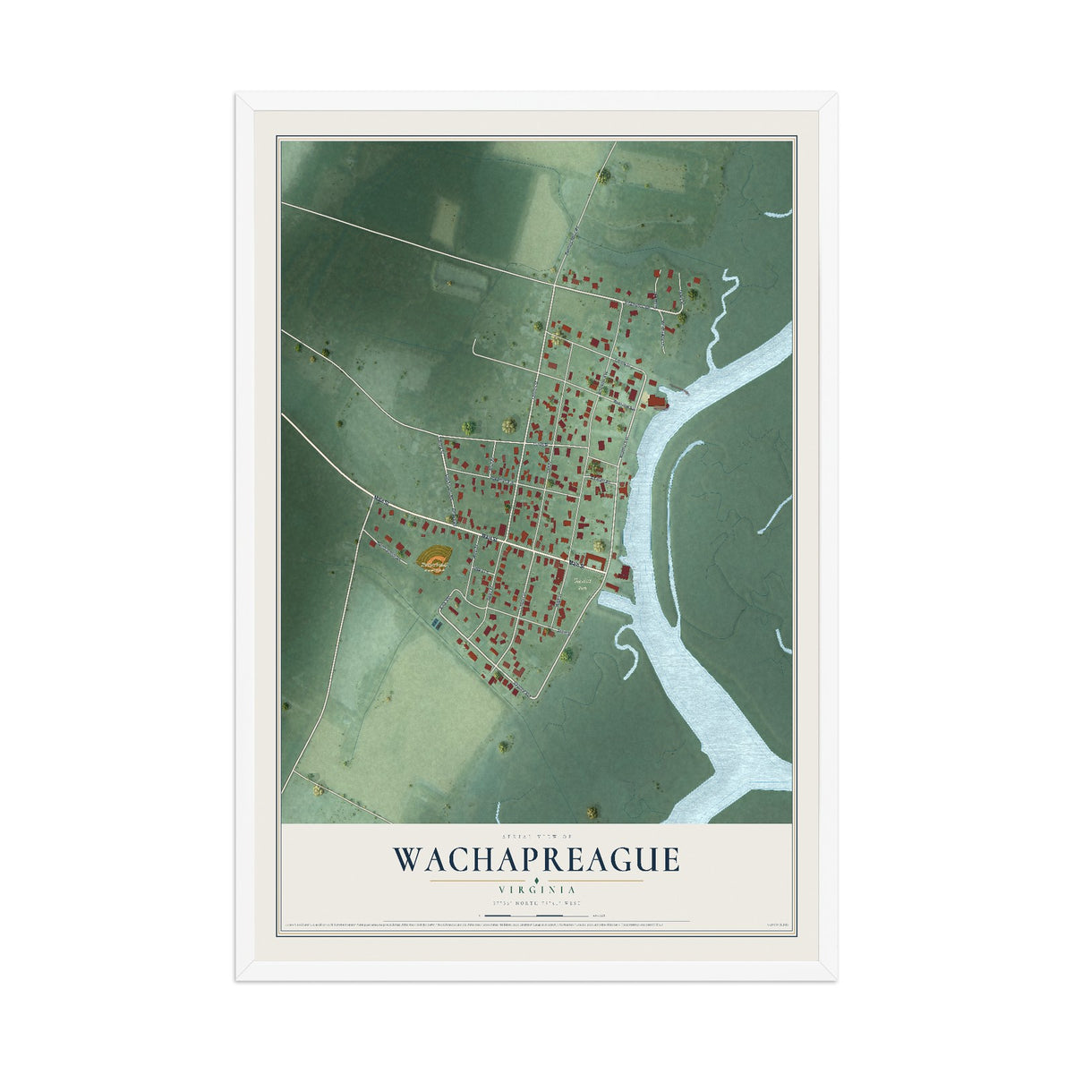 Map of Wachapreague, Virginia, 12 x 18 inch print in a white wood frame