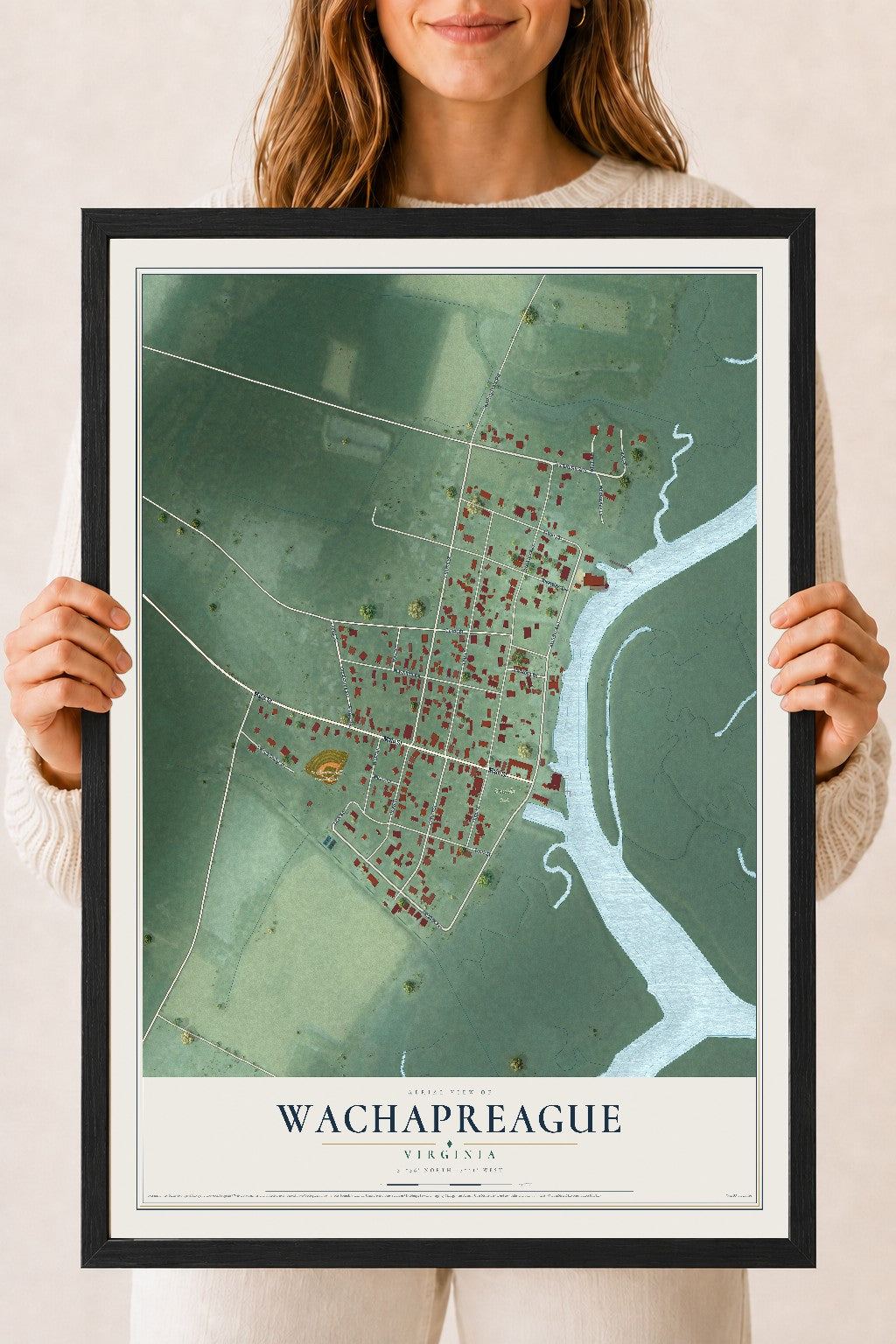 Map of Wachapreague, Virginia, 18 x 24 inch print in a black wood frame