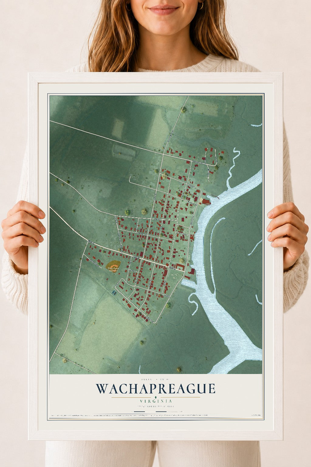 Map of Wachapreague, Virginia, 18 x 24 inch print in a white wood frame