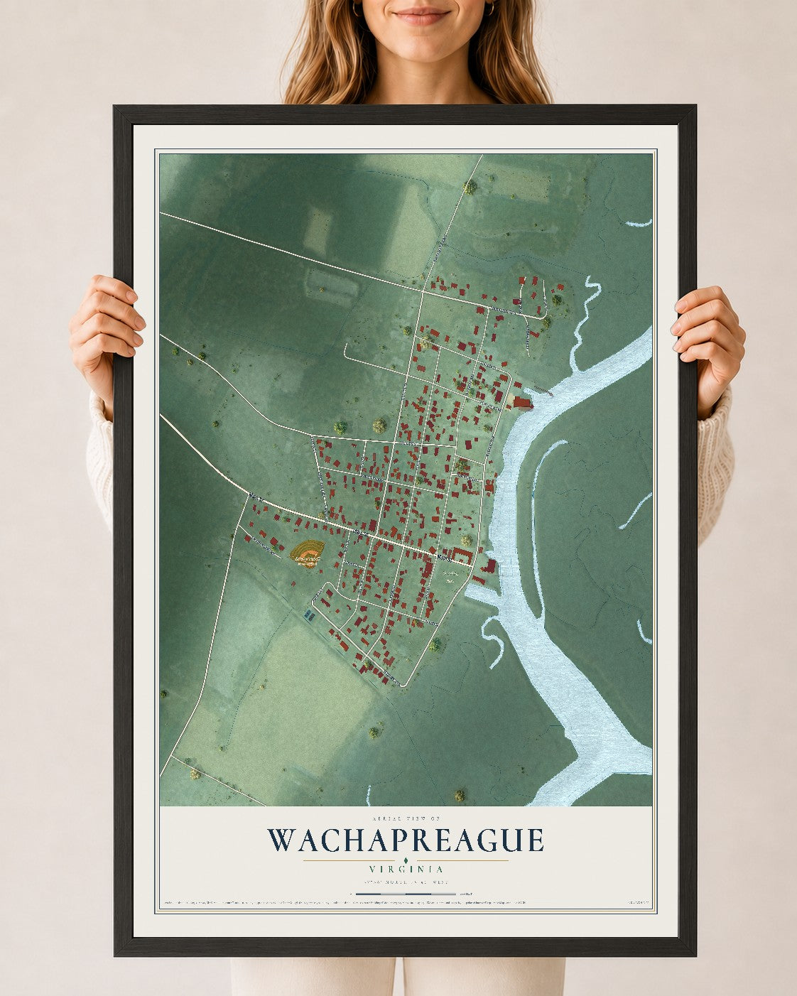 Map of Wachapreague, Virginia, 24 x 36 inch print in a black wood frame