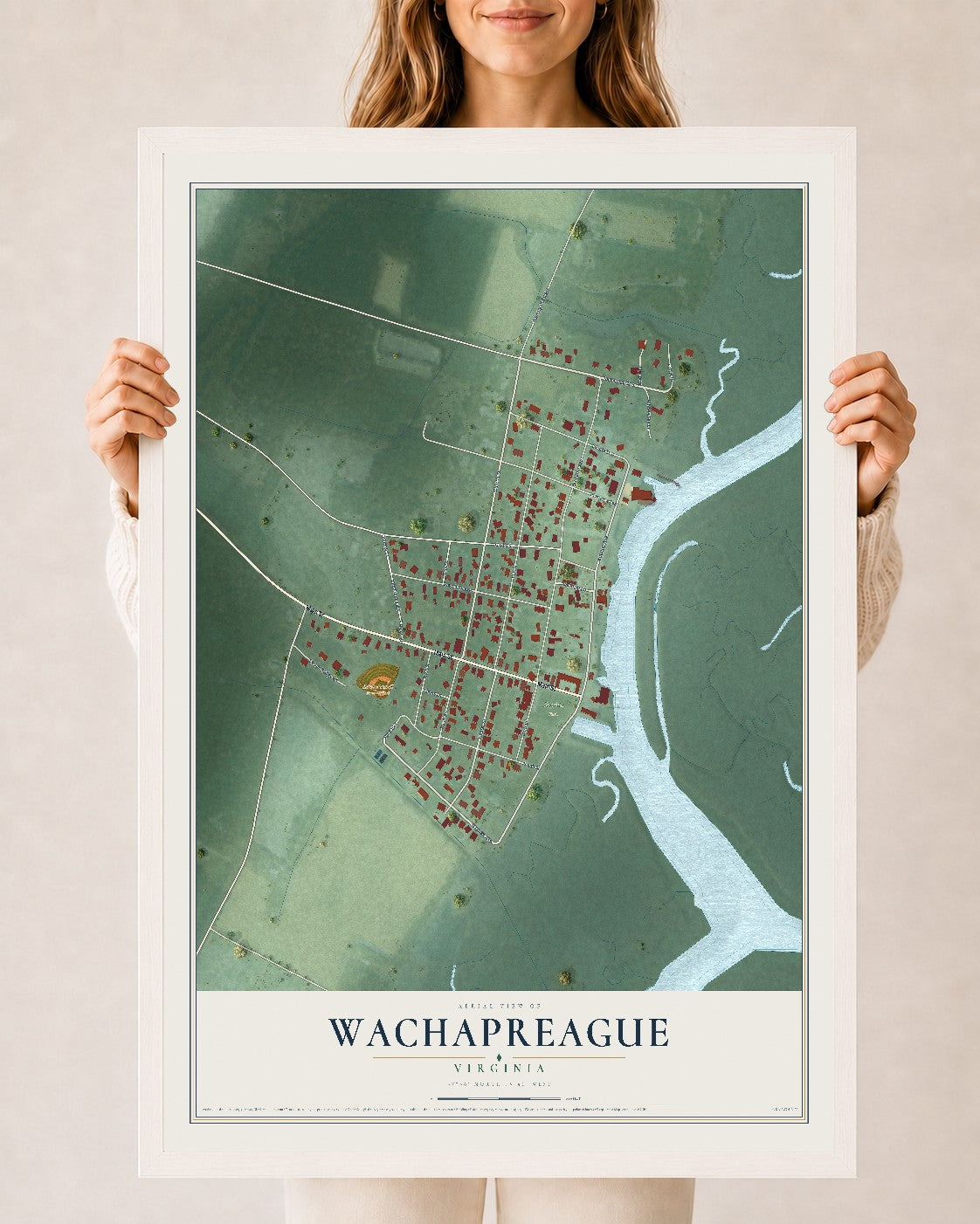 Map of Wachapreague, Virginia, 24 x 36 inch print in a white wood frame