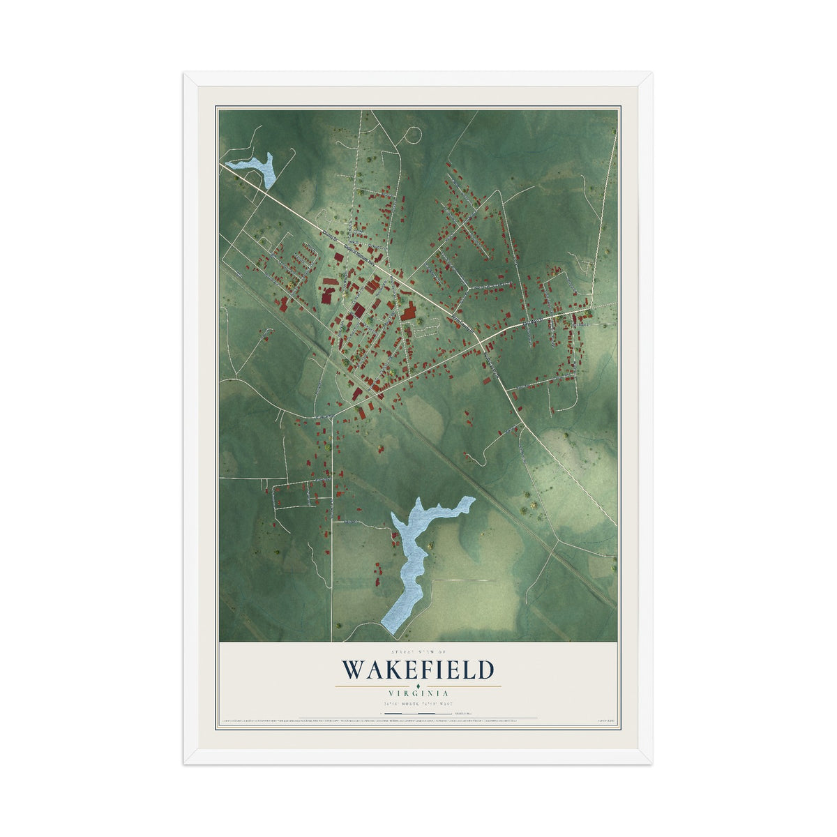 Map of Wakefield, Virginia, 12 x 18 inch print in a white wood frame