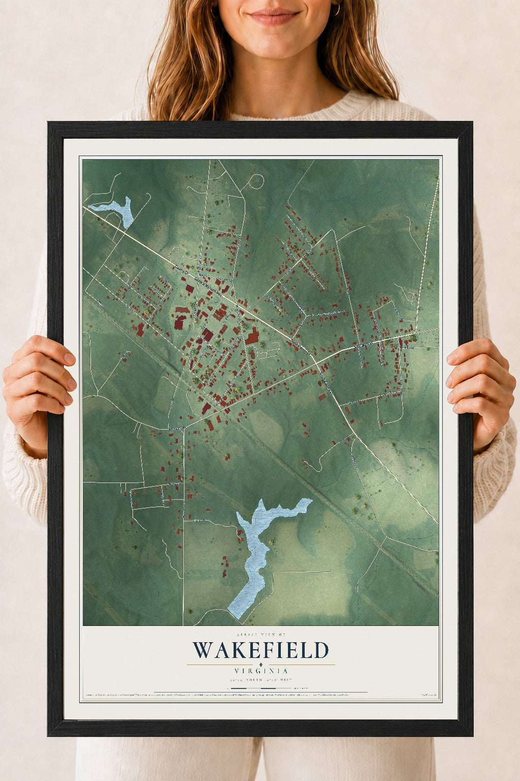 Map of Wakefield, Virginia, 18 x 24 inch print in a black wood frame