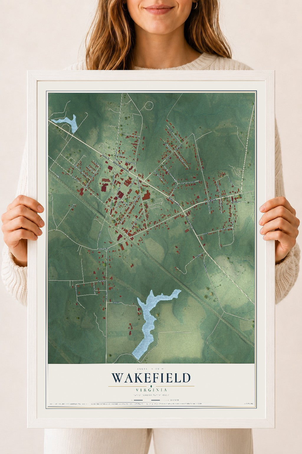 Map of Wakefield, Virginia, 18 x 24 inch print in a white wood frame