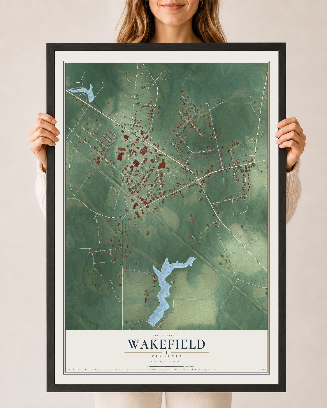 Map of Wakefield, Virginia, 24 x 36 inch print in a black wood frame
