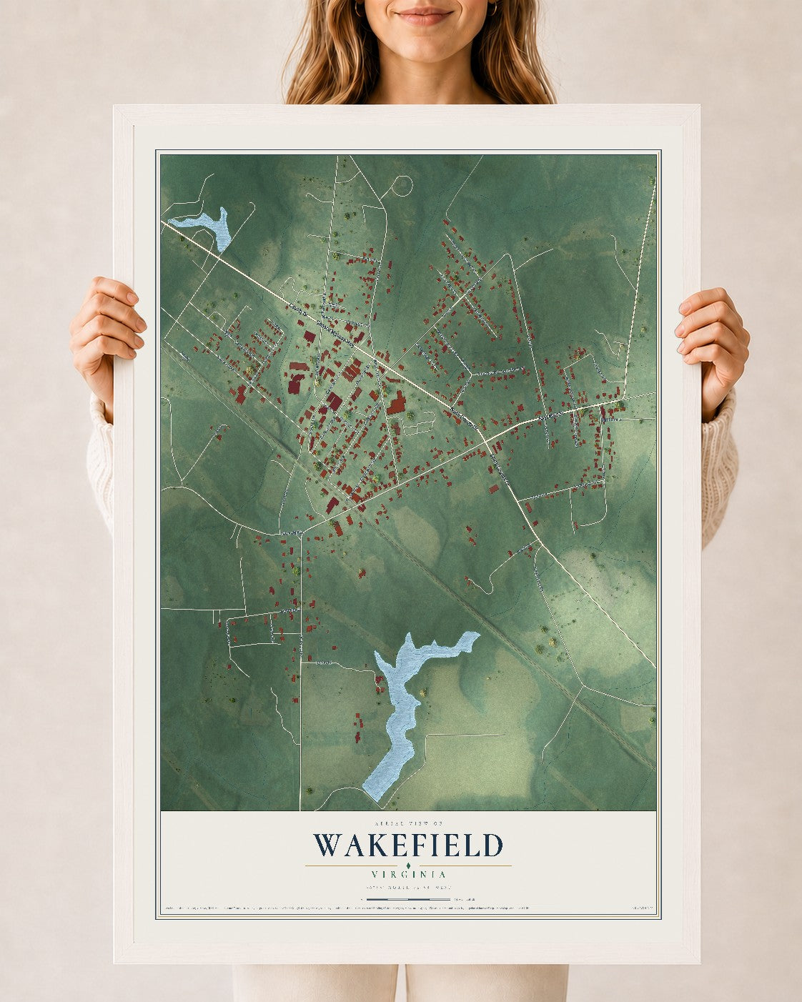 Map of Wakefield, Virginia, 24 x 36 inch print in a white wood frame