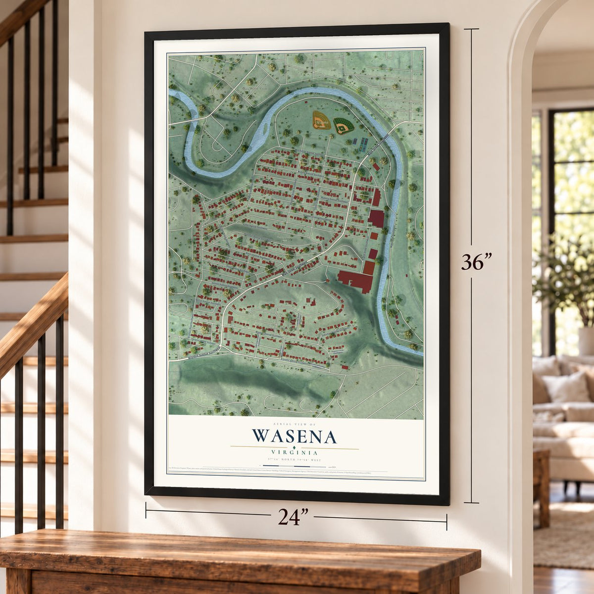 Wasena, Virginia map, 24 x 36 inch print in a black frame by a staircase