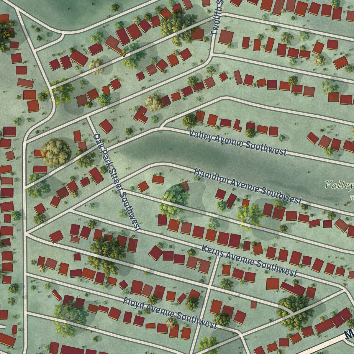 Close-up of the map of Wasena, Virginia print showing street and building detail