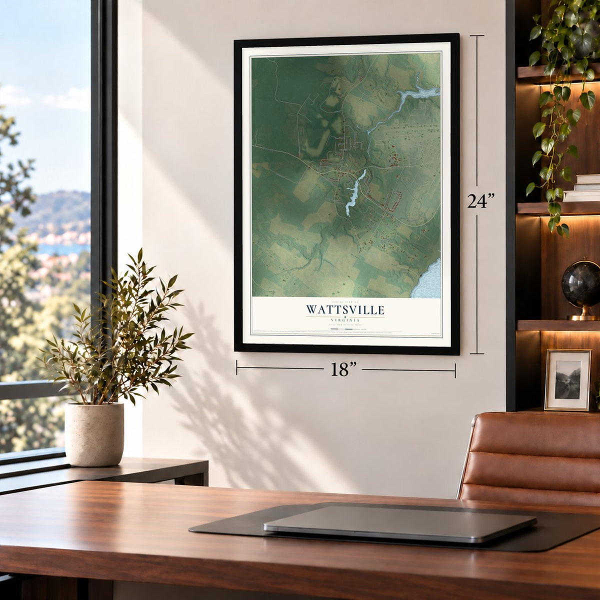 Wattsville, Virginia map, 18 x 24 inch print in a black frame in a home office