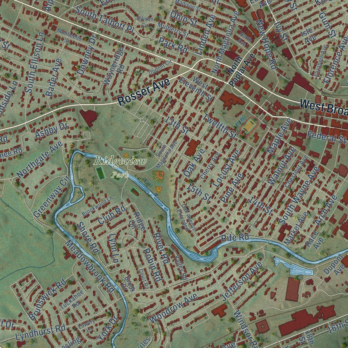 Close-up of the map of Waynesboro, Virginia print showing street and building detail