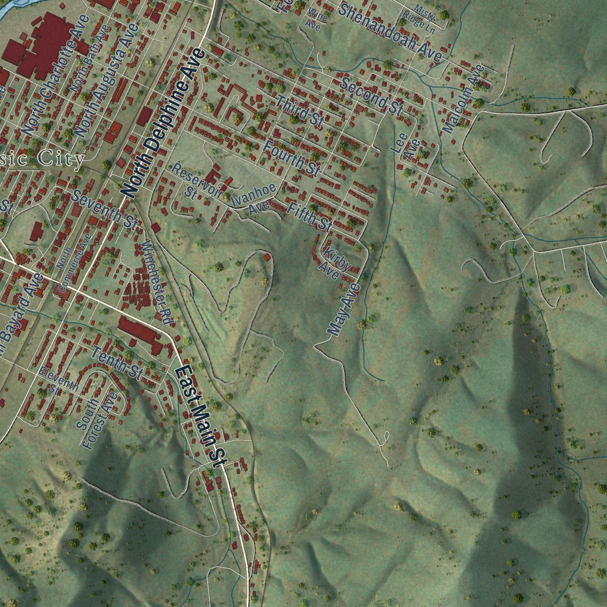 Second close-up of the map of Waynesboro, Virginia print showing more streets and buildings