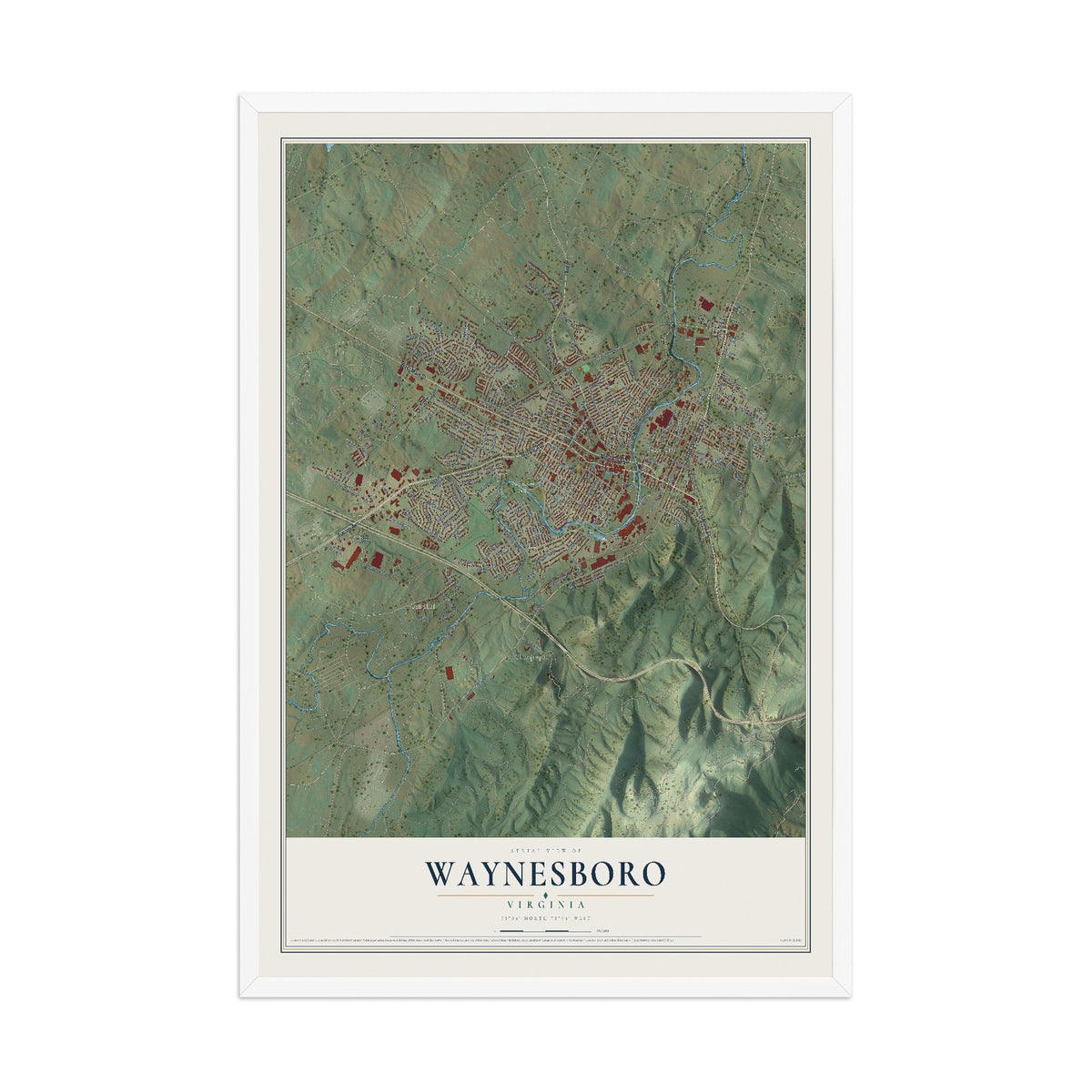 Map of Waynesboro, Virginia, 12 x 18 inch print in a white wood frame