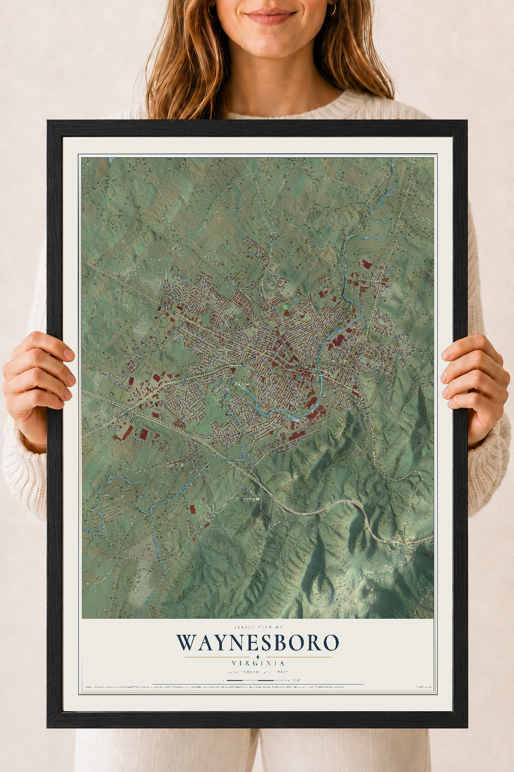 Map of Waynesboro, Virginia, 18 x 24 inch print in a black wood frame