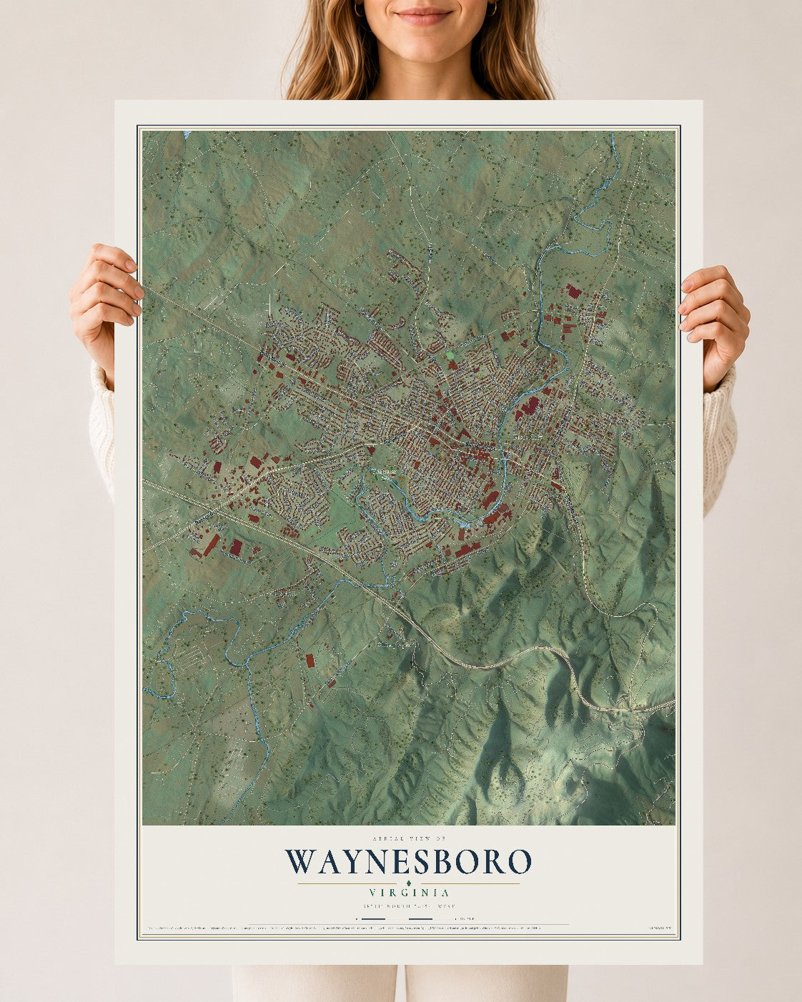 Map of Waynesboro, Virginia, 24 x 36 inch unframed archival matte print