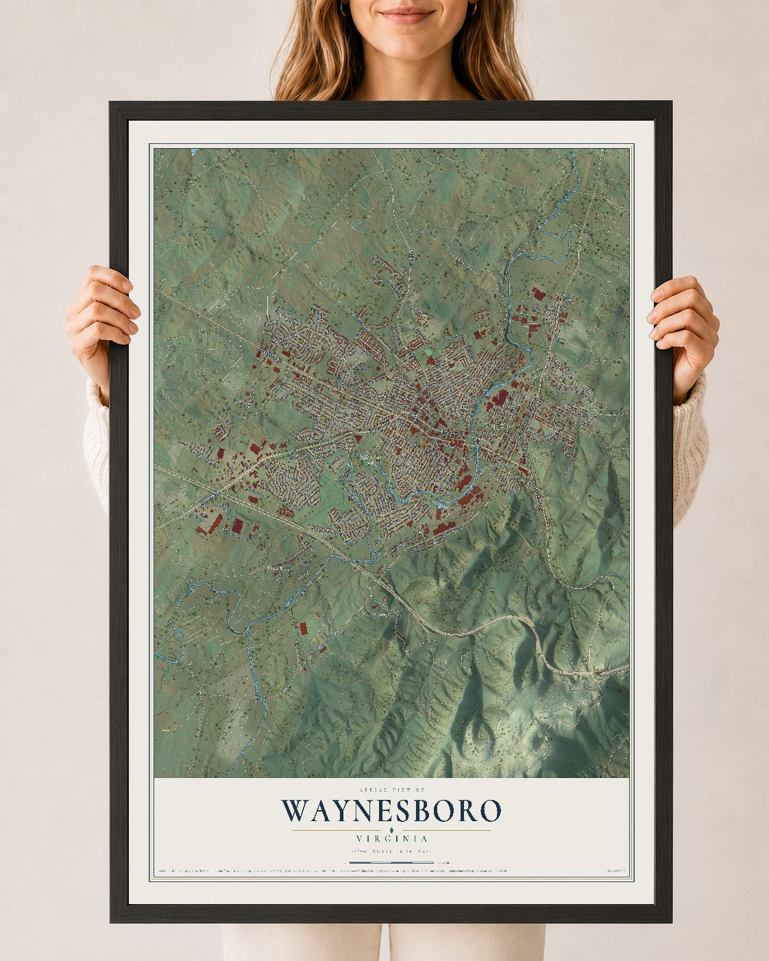 Map of Waynesboro, Virginia, 24 x 36 inch print in a black wood frame
