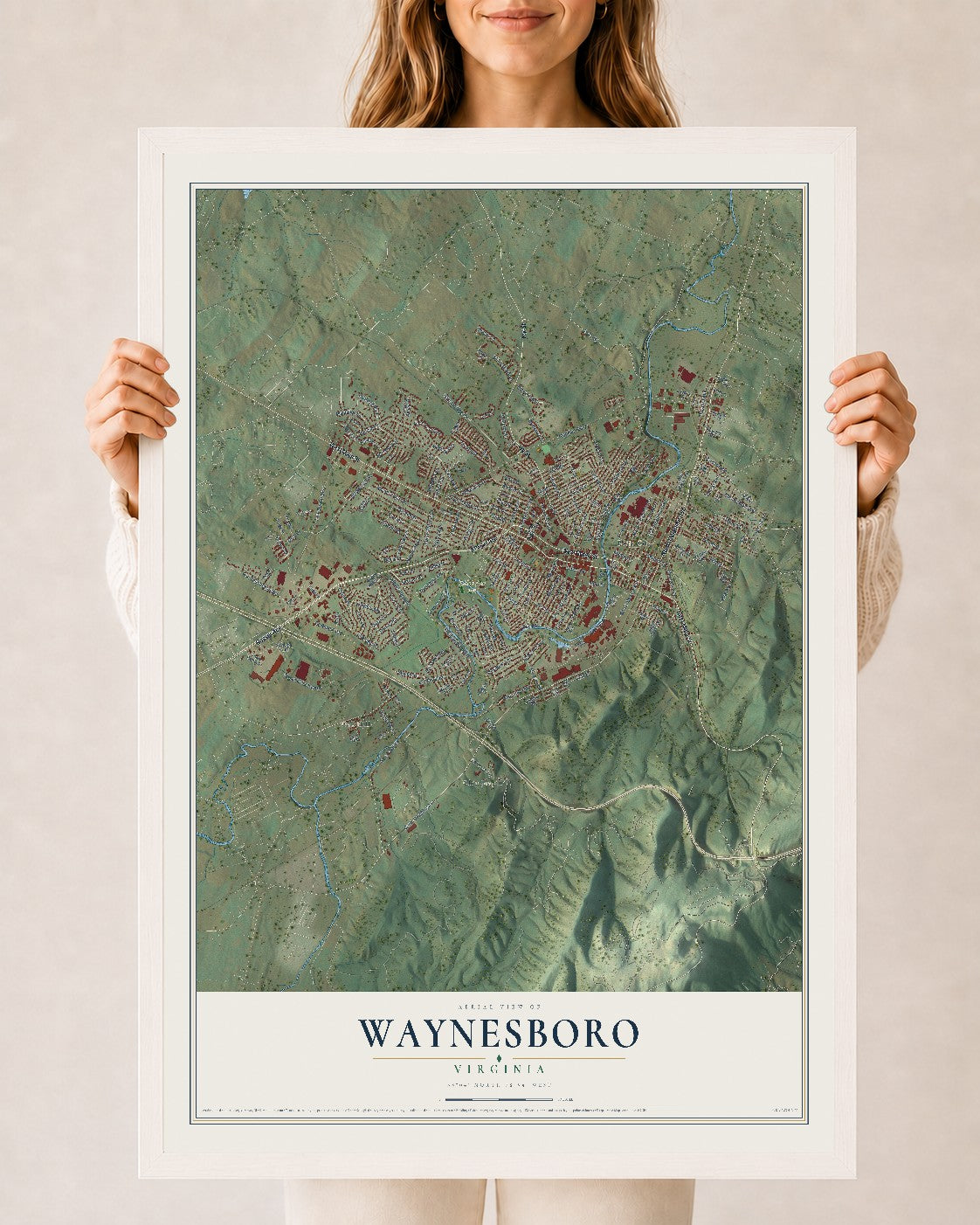Map of Waynesboro, Virginia, 24 x 36 inch print in a white wood frame