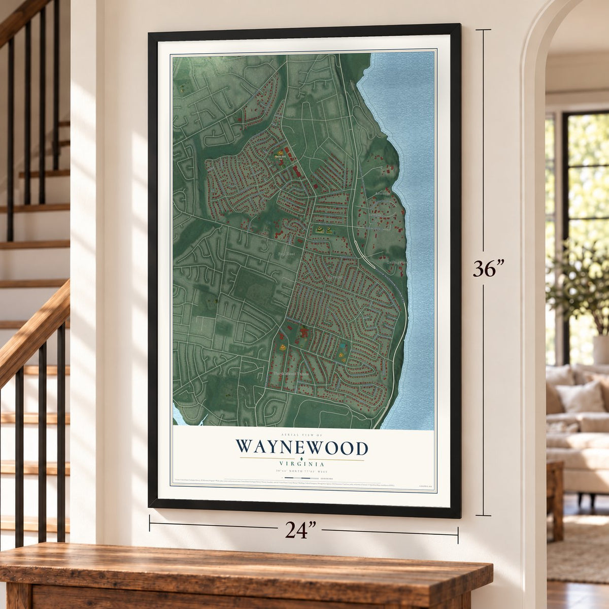 Waynewood, Virginia map, 24 x 36 inch print in a black frame by a staircase