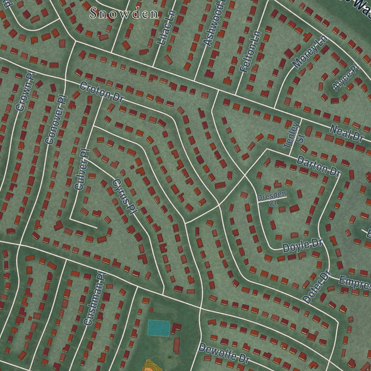 Close-up of the map of Waynewood, Virginia print showing street and building detail