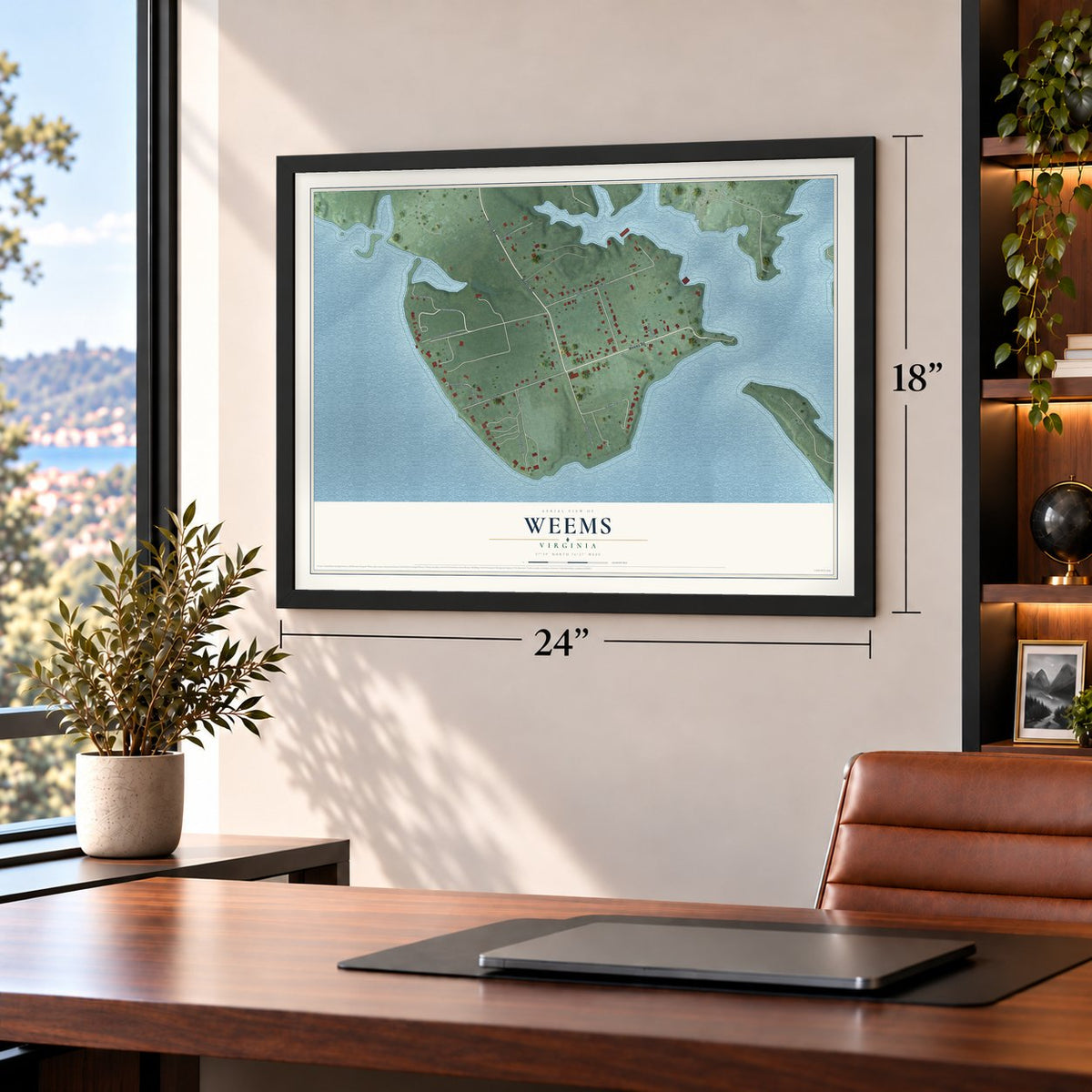 Weems, Virginia map, 18 x 24 inch print in a black frame in a home office