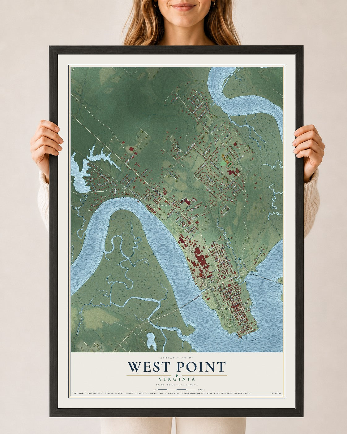 Map of West Point, Virginia, 24 x 36 inch print in a black wood frame