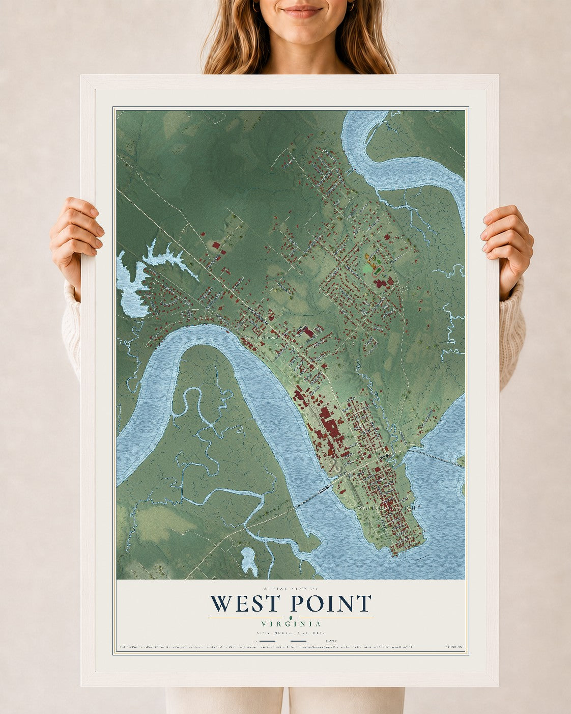 Map of West Point, Virginia, 24 x 36 inch print in a white wood frame