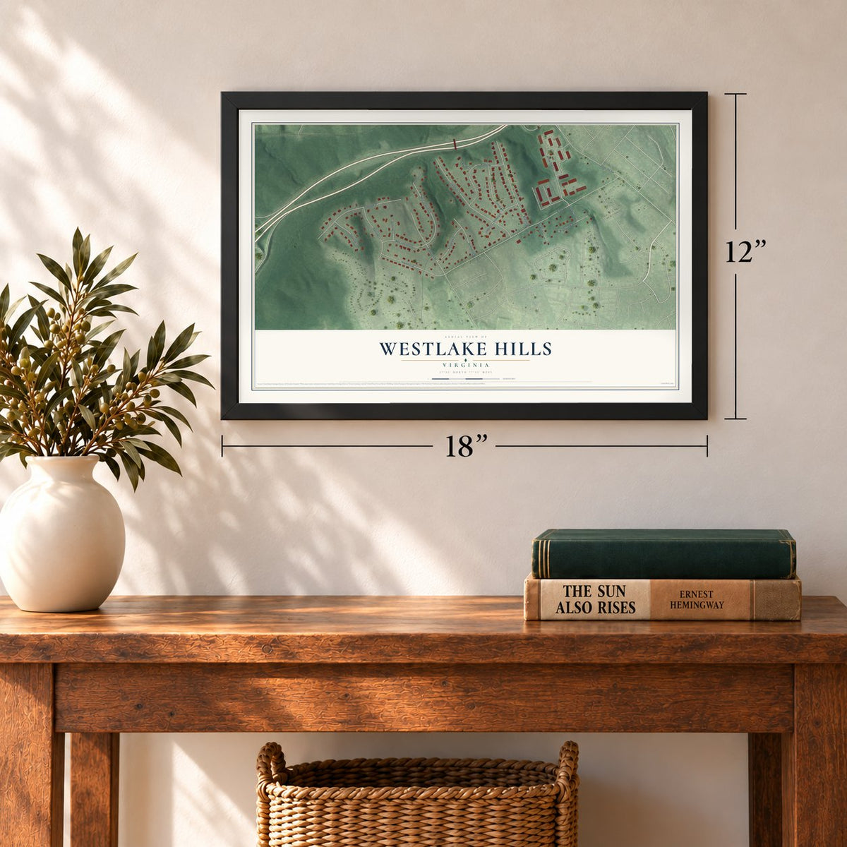 Westlake Hills, Virginia map, 12 x 18 inch print in a black frame in an entryway
