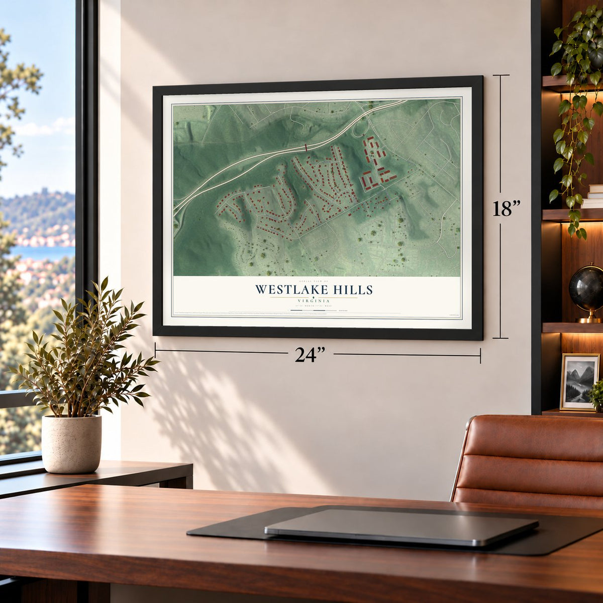 Westlake Hills, Virginia map, 18 x 24 inch print in a black frame in a home office