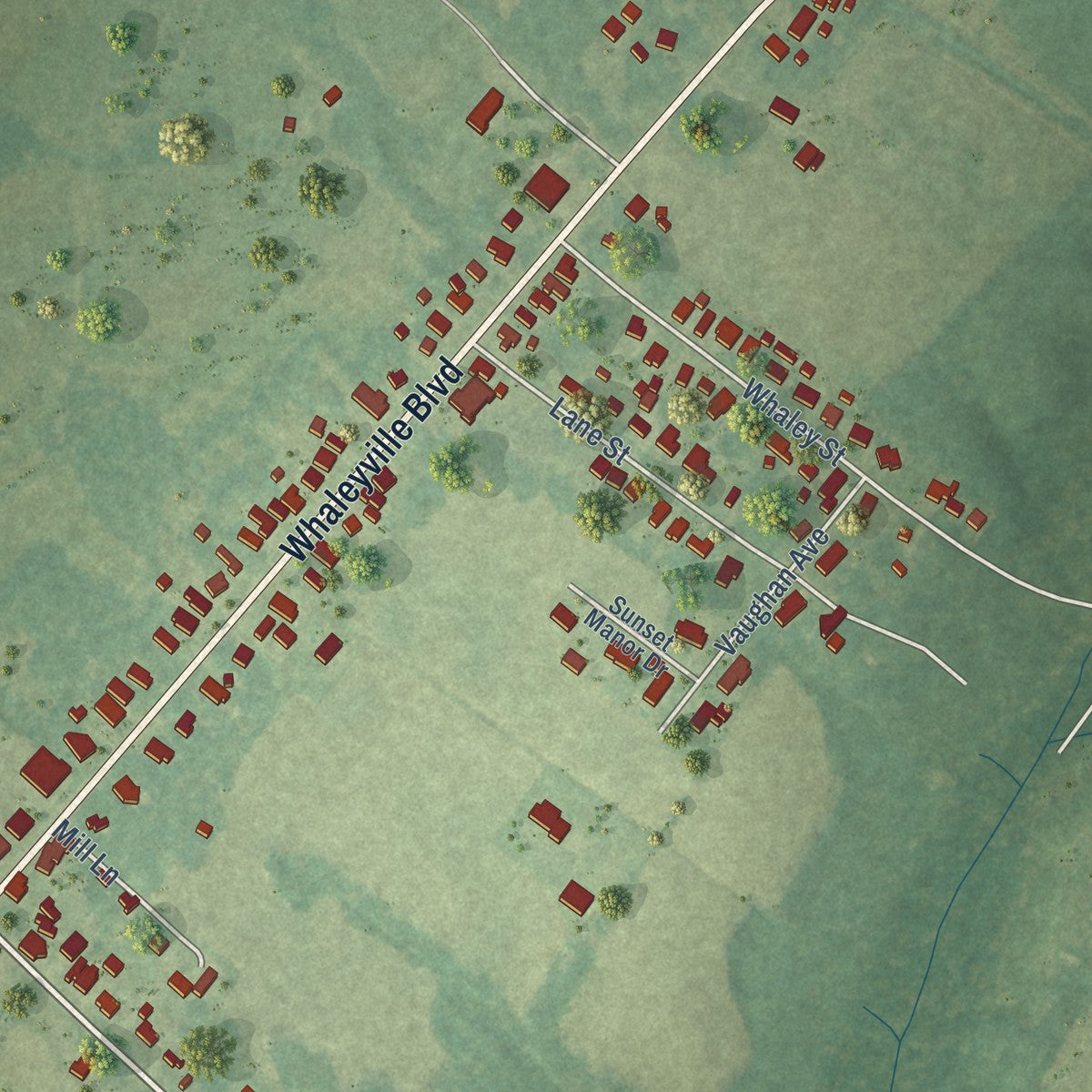 Close-up of the map of Whaleyville, Virginia print showing street and building detail