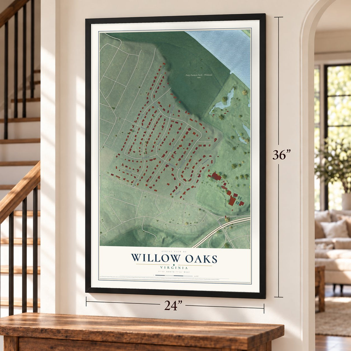 Willow Oaks, Virginia map, 24 x 36 inch print in a black frame by a staircase