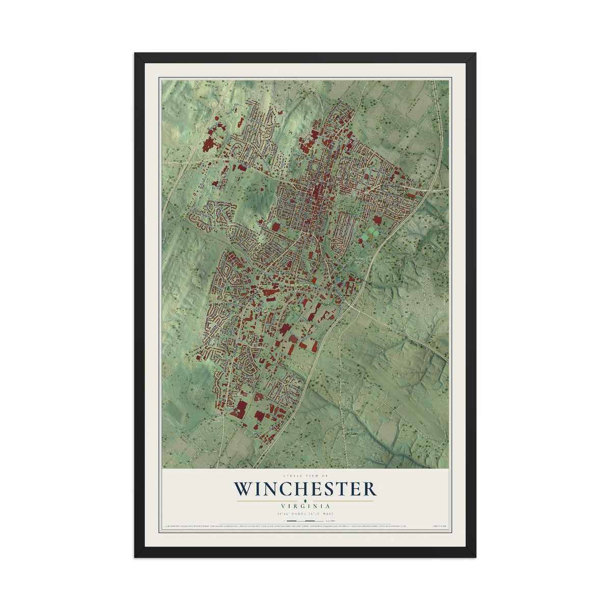 Map of Winchester, Virginia, 12 x 18 inch print in a black wood frame