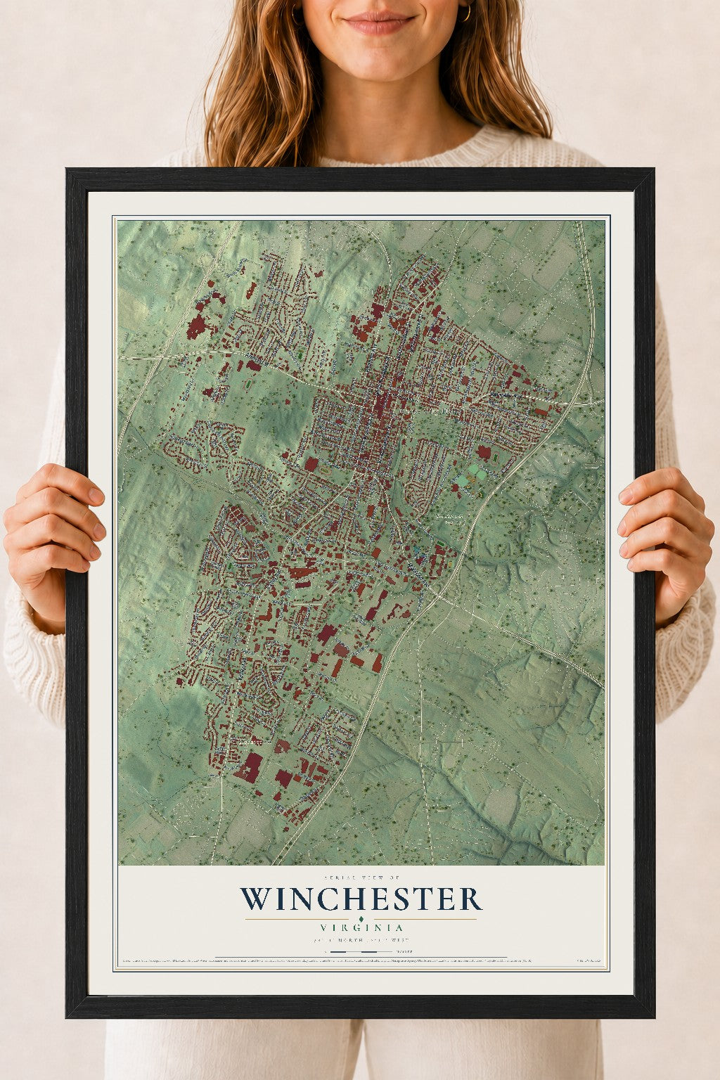 Map of Winchester, Virginia, 18 x 24 inch print in a black wood frame