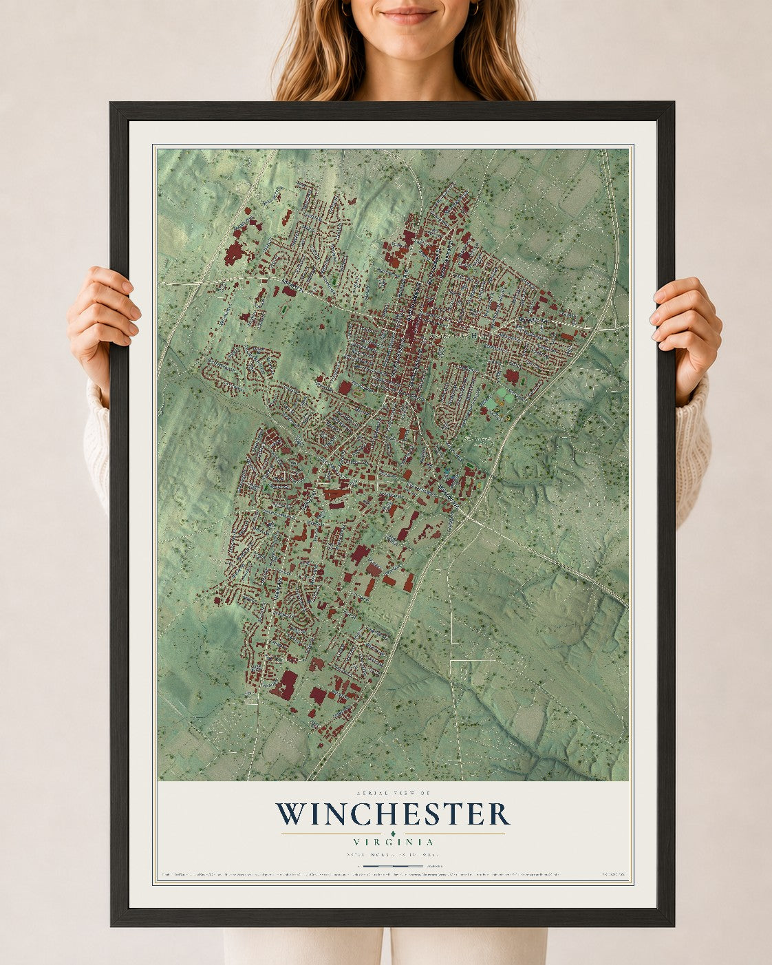 Map of Winchester, Virginia, 24 x 36 inch print in a black wood frame