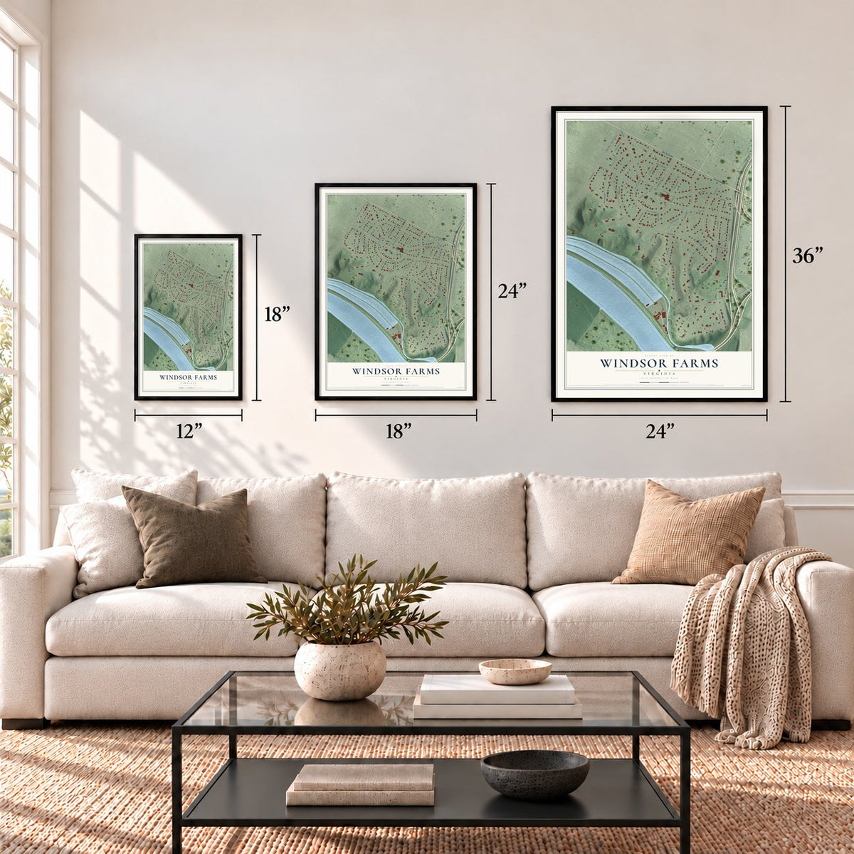 Windsor Farms, Virginia map in 12 x 18, 18 x 24 and 24 x 36 inch sizes above a sofa