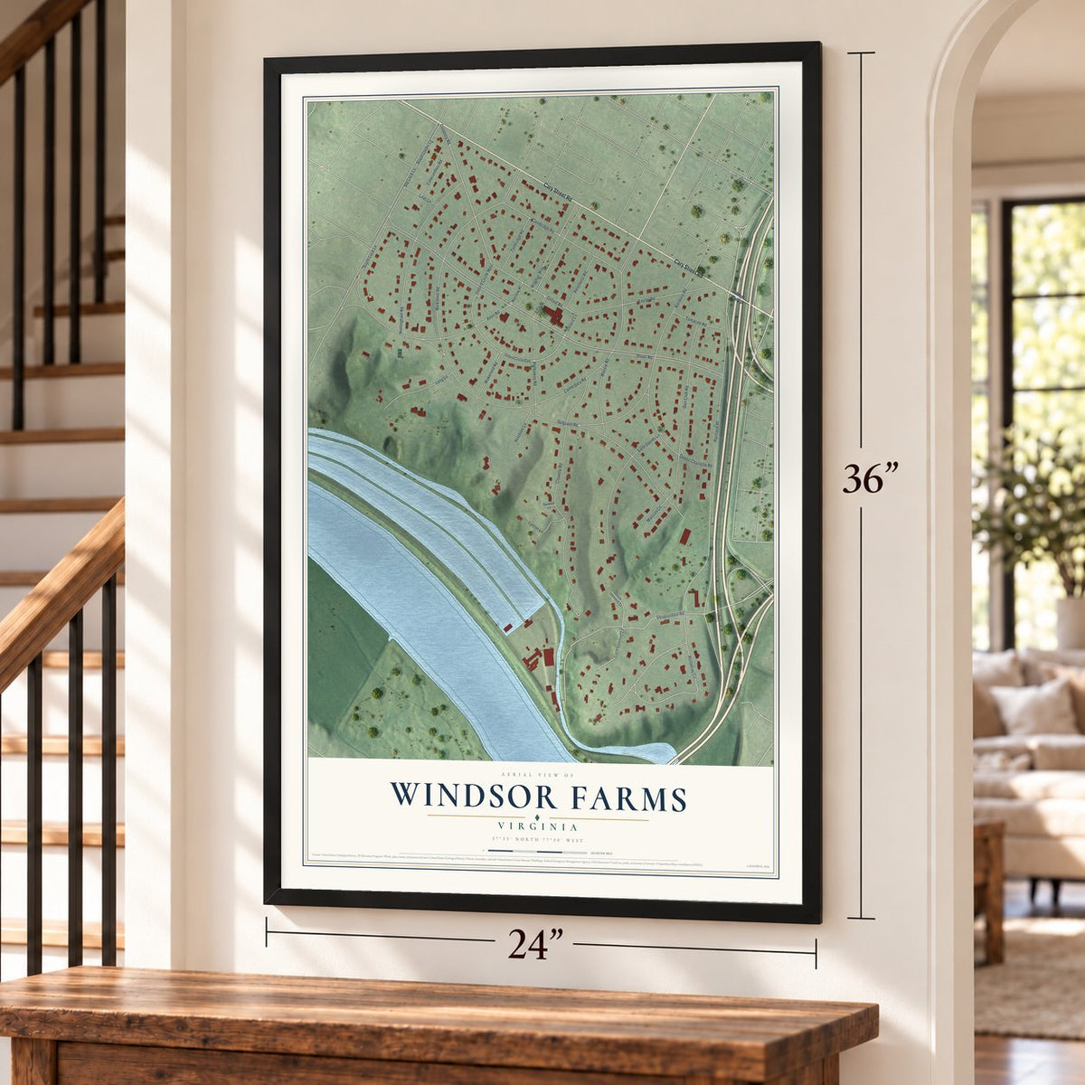 Windsor Farms, Virginia map, 24 x 36 inch print in a black frame by a staircase