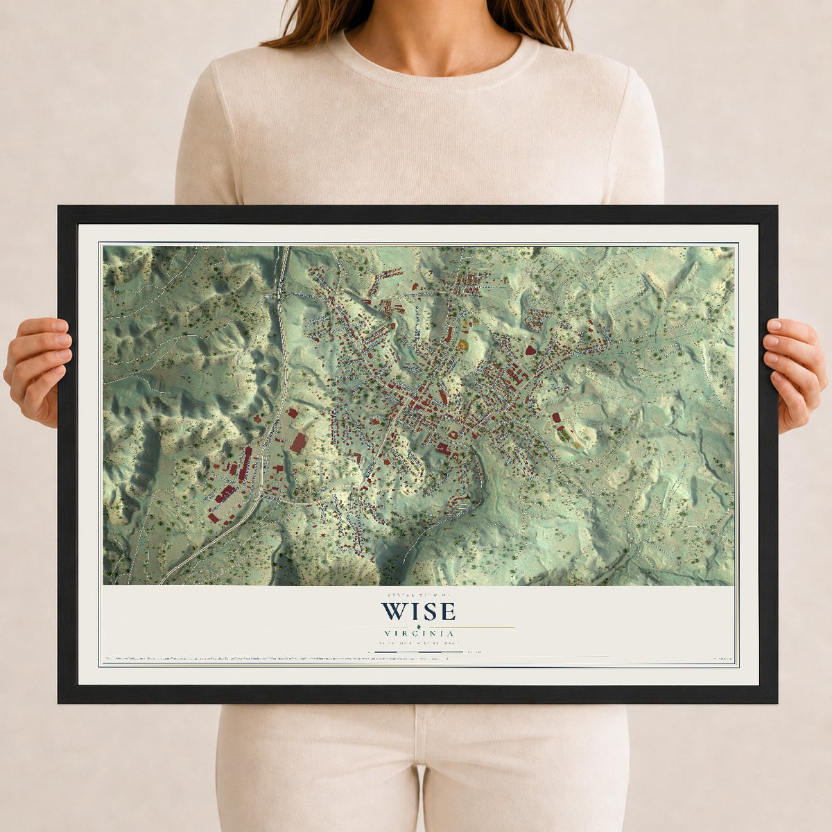 Map of Wise, Virginia, 12 x 18 inch print in a black wood frame