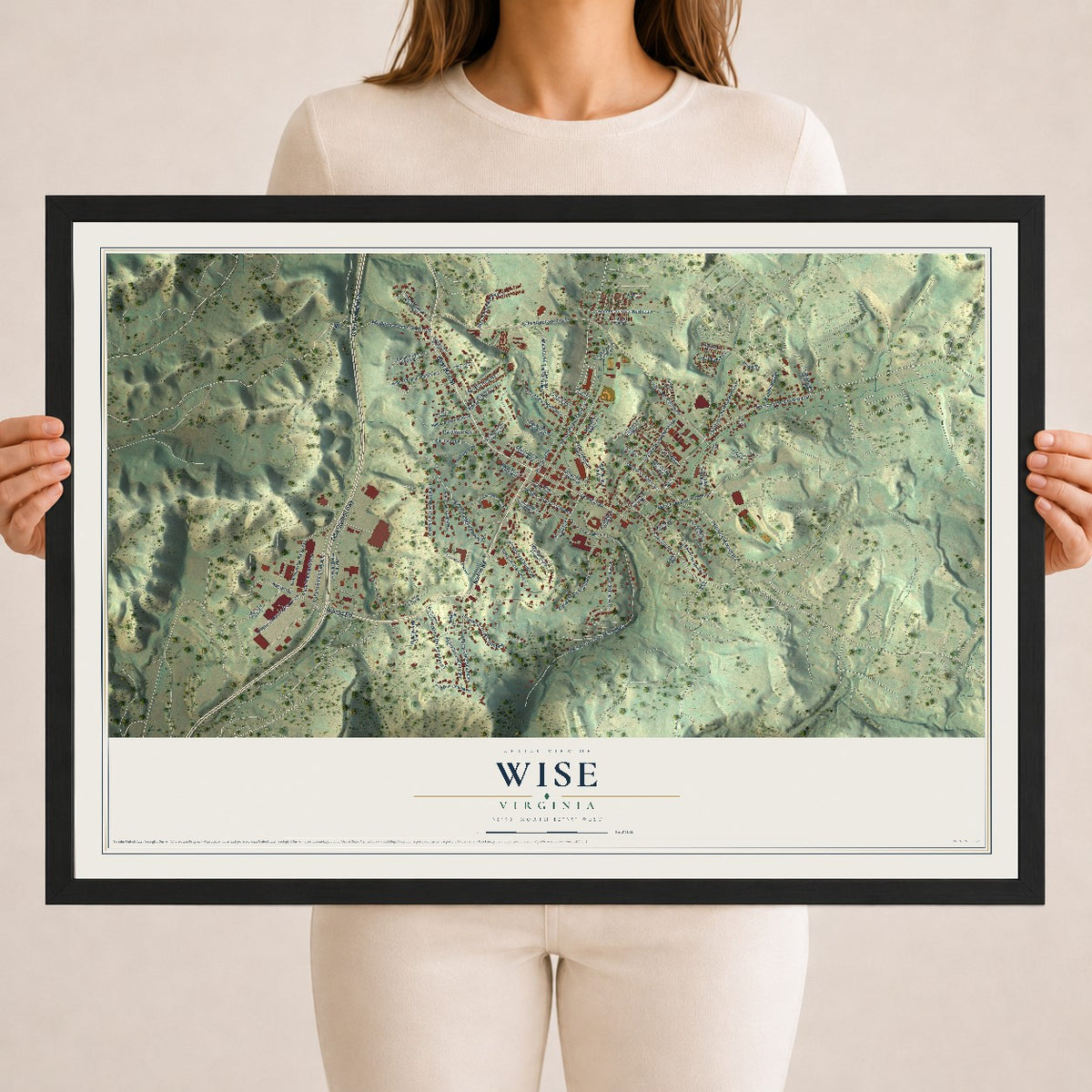 Map of Wise, Virginia, 18 x 24 inch print in a black wood frame