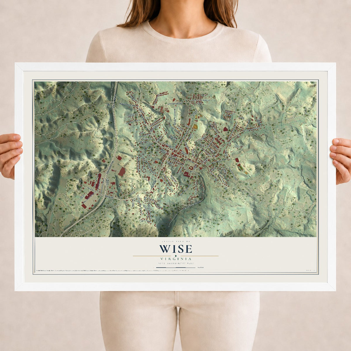 Map of Wise, Virginia, 18 x 24 inch print in a white wood frame