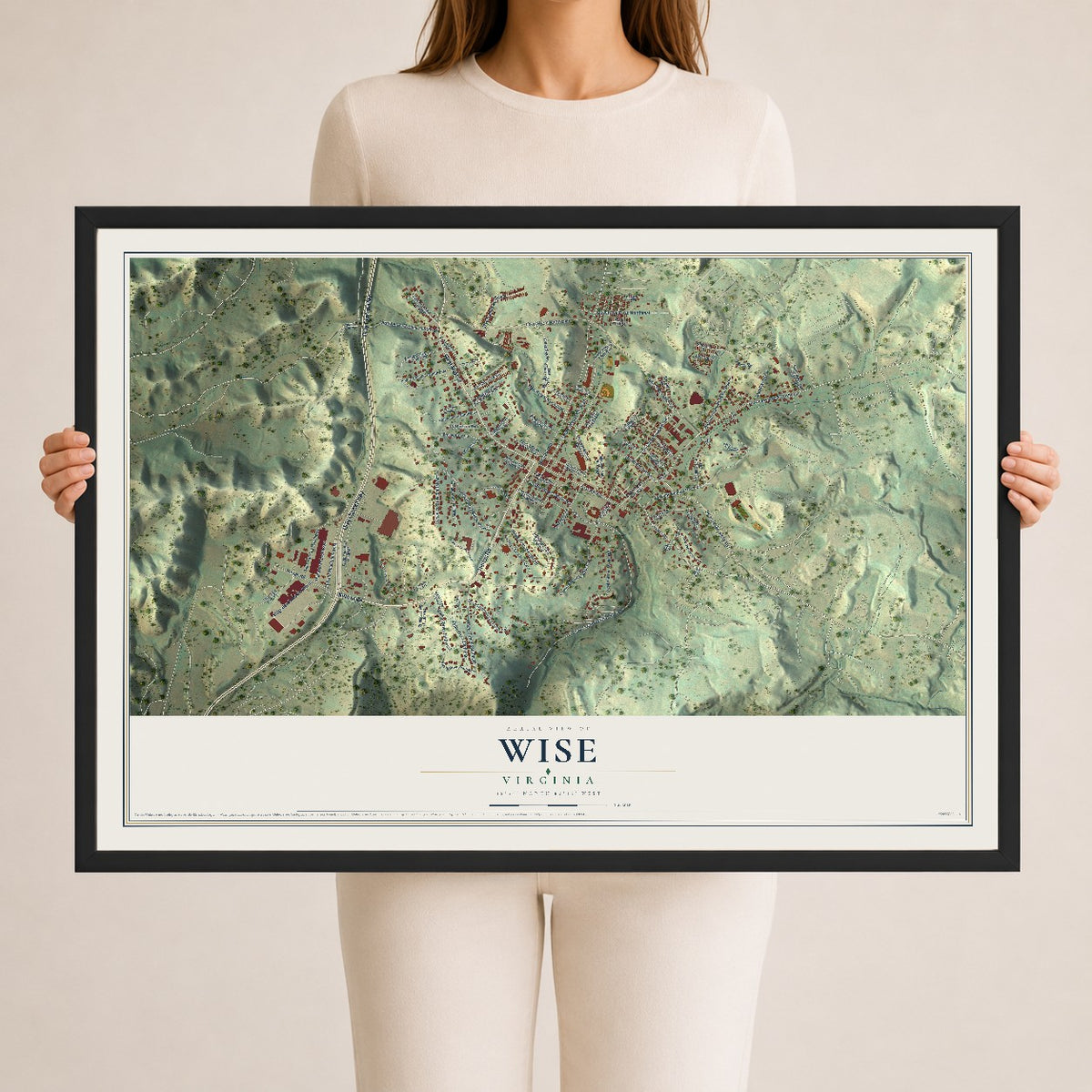Map of Wise, Virginia, 24 x 36 inch print in a black wood frame