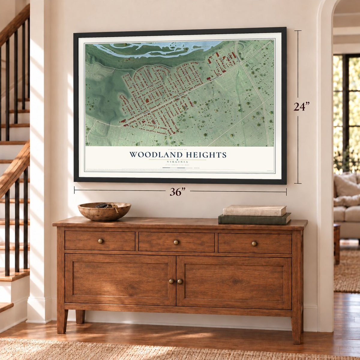 Woodland Heights, Virginia map, 24 x 36 inch print in a black frame above a dresser by a staircase