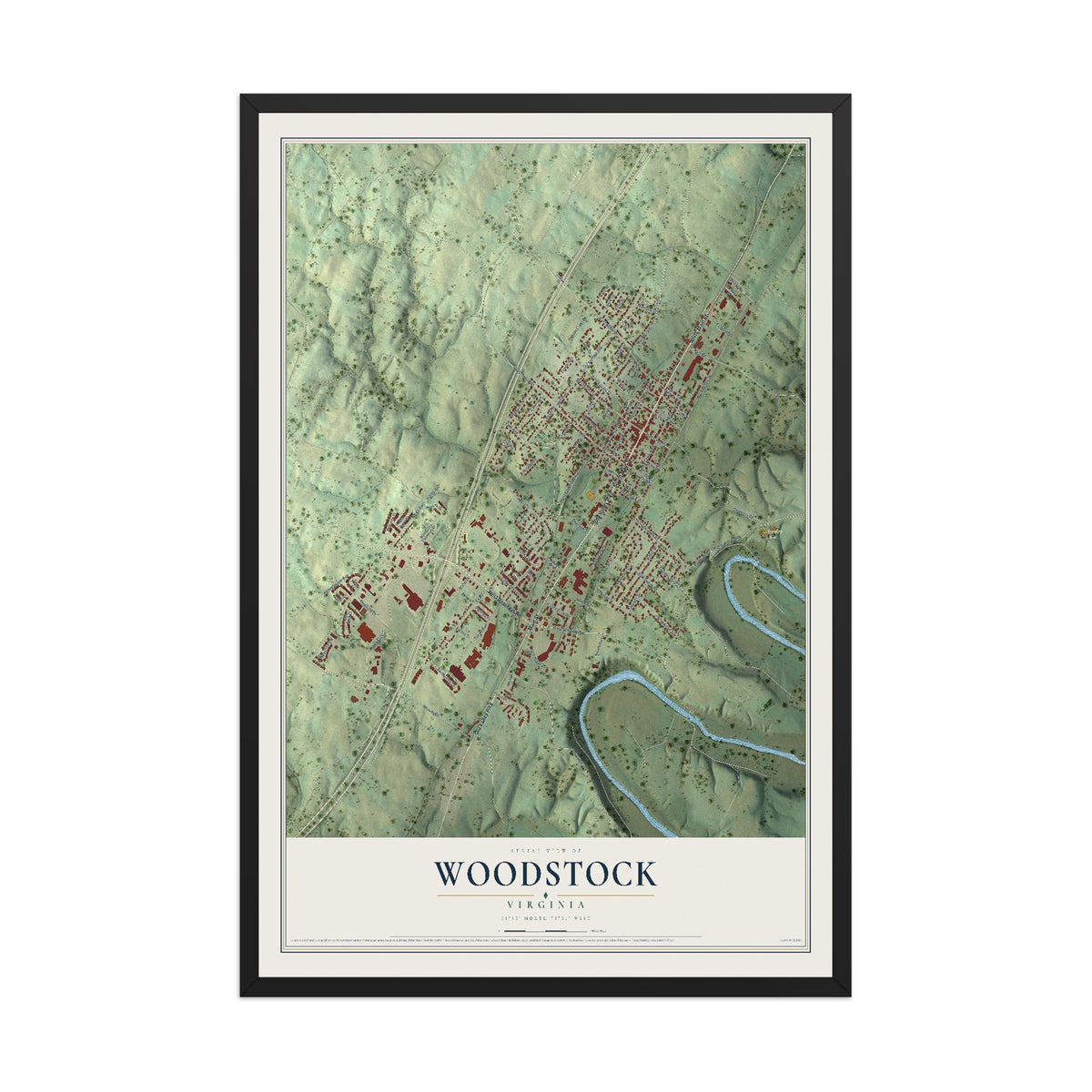 Map of Woodstock, Virginia, 12 x 18 inch print in a black wood frame