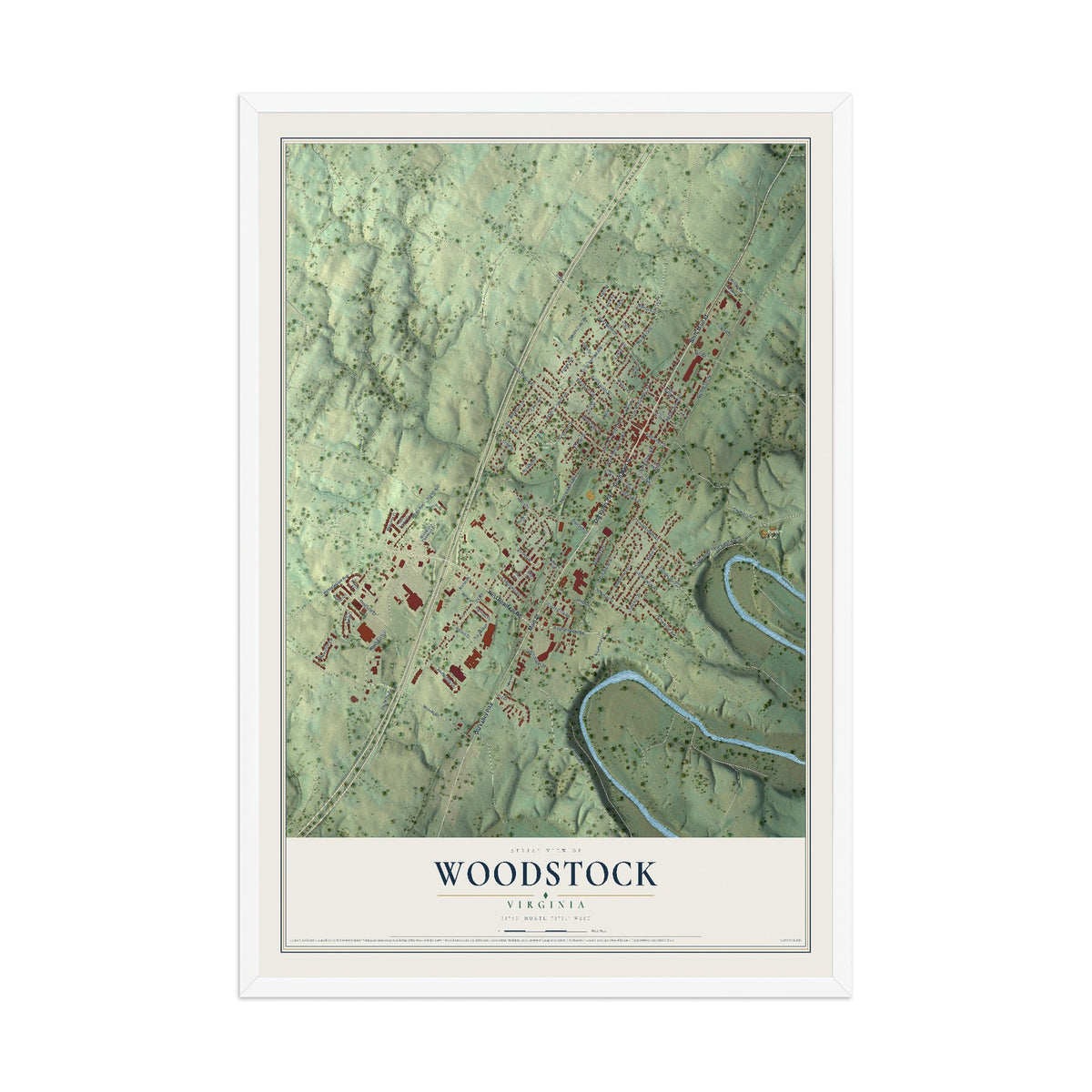 Map of Woodstock, Virginia, 12 x 18 inch print in a white wood frame