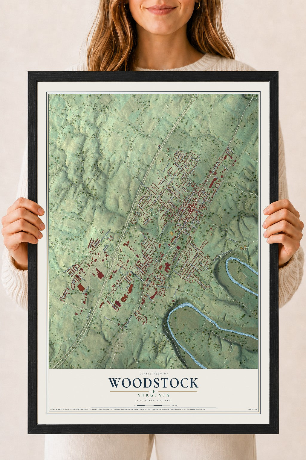Map of Woodstock, Virginia, 18 x 24 inch print in a black wood frame