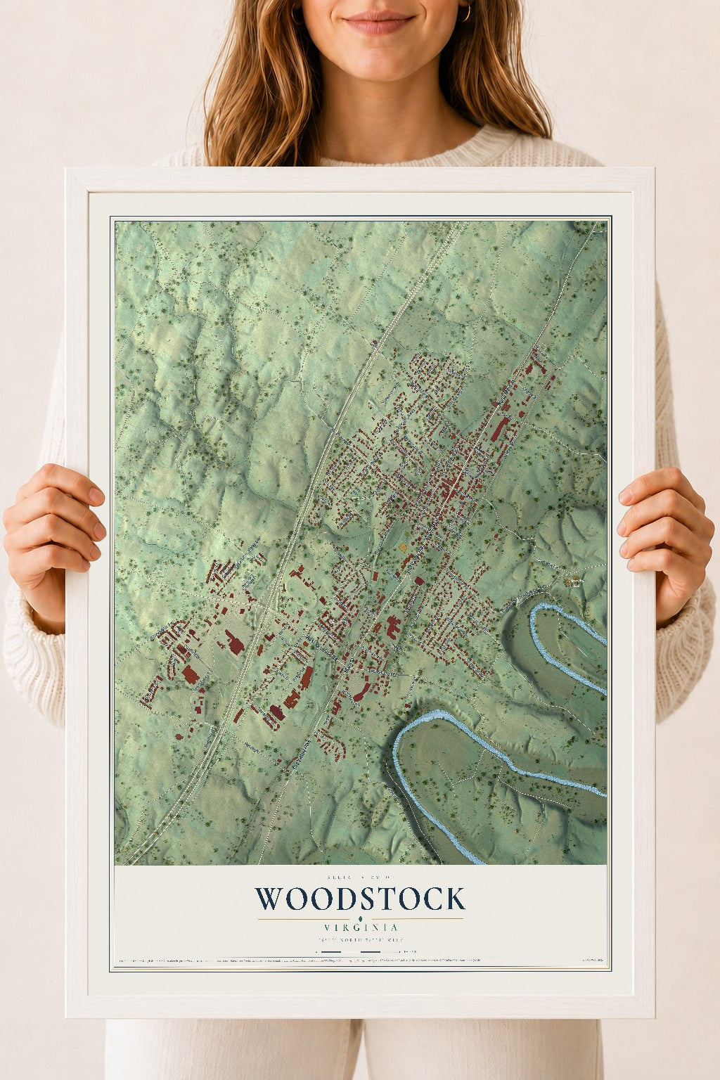 Map of Woodstock, Virginia, 18 x 24 inch print in a white wood frame